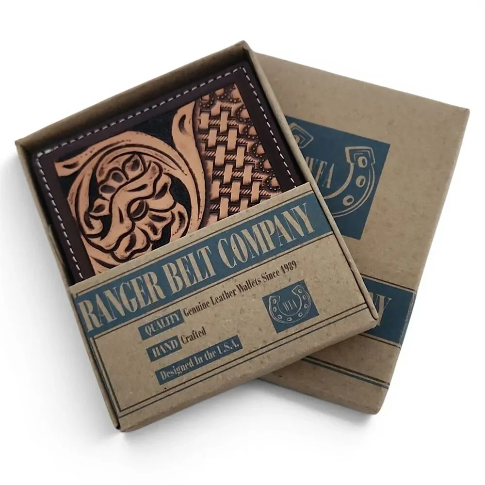 Ranger Belt Co H-306B Tooled Leather Bifold Wallet Basketweave Floral Brown NWT